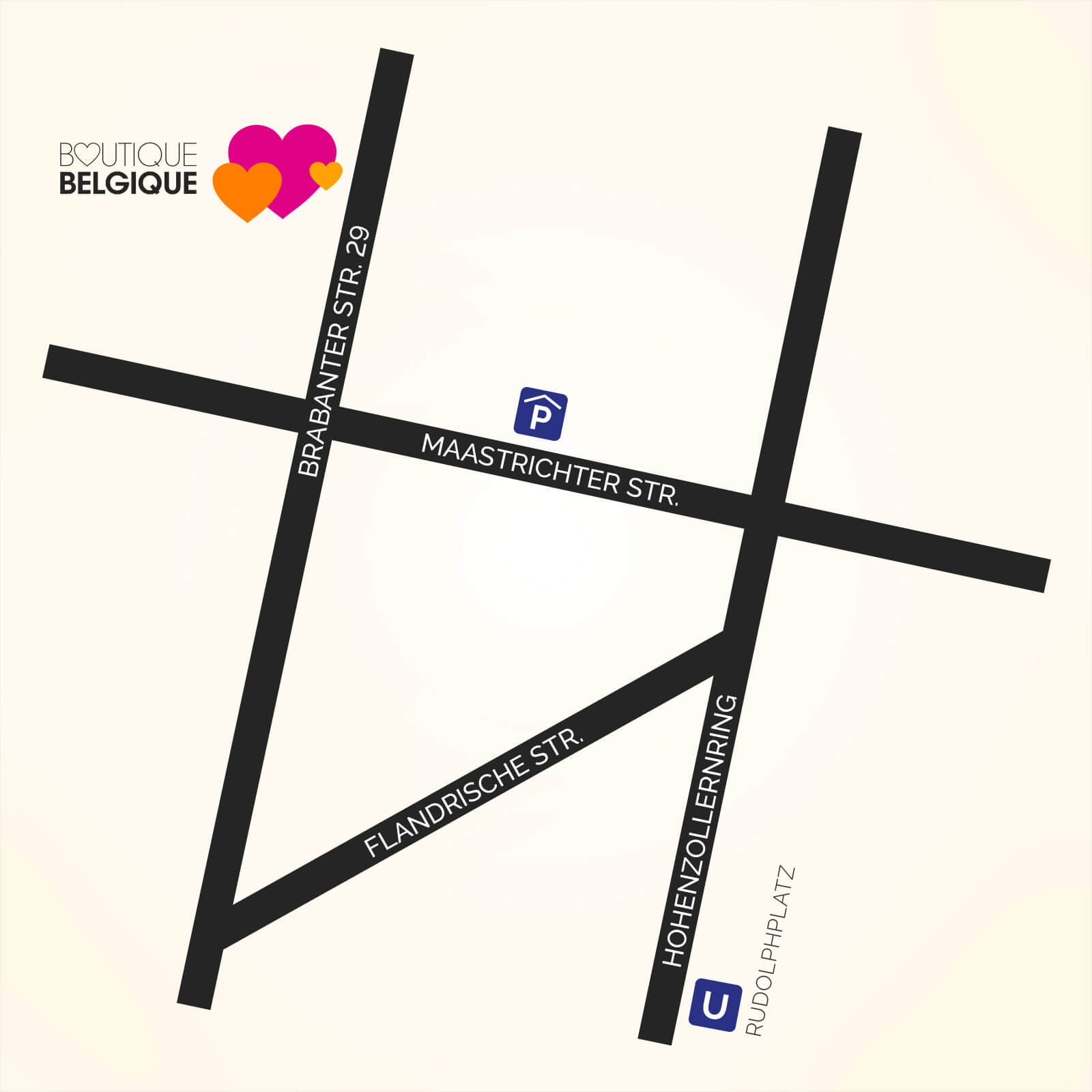 Illustrierte Anfahrtskarte zur Boutique Belgique in der Brabanter Straße 29 im Belgischen Viertel